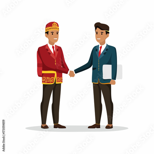 Two businessmen shaking hands, one wearing a traditional red and gold outfit and hat, the other in a blue suit.