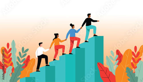 Vector art of teamwork and collaboration people climbing stairs together, symbolizing success, growth, and achieving goals with mutual support and unity 