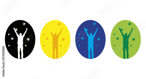 Abstract Human Figures Reaching Towards Stars In Four Colorful Circles Representing Different Energies And Moods