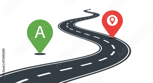 Navigating the Winding Road From Point A To A Distant Destination Guided by Location Markers on a Curved Highway Showing Directional Travel