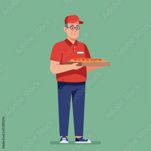 A pizza delivery man holds pizza