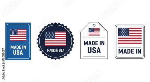 Collection of Made in USA Labels and Tags Featuring the American Flag Symbolizing National Origin and Manufacturing