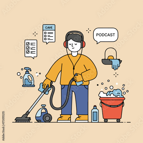 Cartoon person listening to a podcast while cleaning with equipment