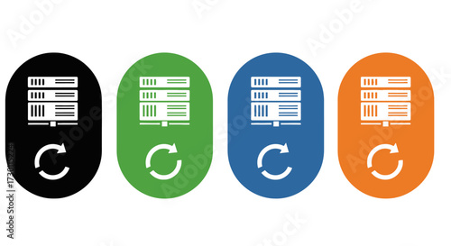 Modern Server Rack and Circular Arrow Refresh Icon Set Representing Data Management Operations
