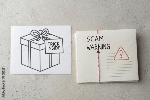 Gift Box Diagram with Trick Inside and Scam Warning Note