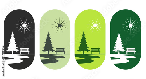 Serene Park Scene with Evergreen Tree and Wooden Bench Under a Radiant Sun with Winding Pathway and Lush Greenery Displayed in Four Distinct Color Palettes