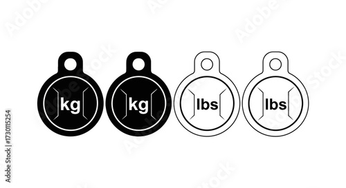 Set of four circular tags two displaying kg and two displaying lbs for measuring weight and mass conversion concepts
