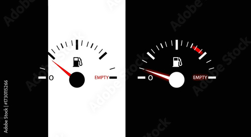 Fuel Gauge Indicators Showing Different Levels of Gasoline with One Displaying Nearly Empty and the Other Showing Very Low on Black and White Backgrounds