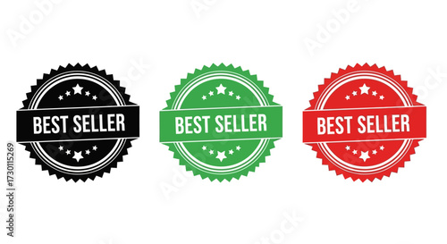 Collection of Three Round Seals Indicating Best Seller Status in Different Colors Black Green and Red with Star Embellishments and Banner Text