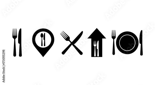 A collection of six distinct black and white vector icons representing food and dining experiences with a minimalist design aesthetic