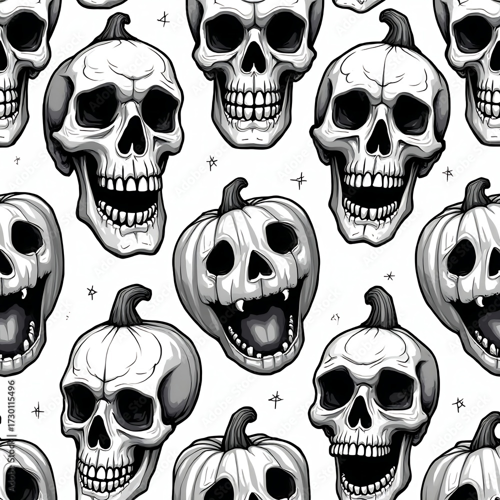 Monochrome Halloween Pattern with Skulls and Jack-o'-Lanterns