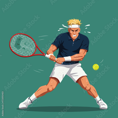 Tense tennis player striking ball with racket; perspiration