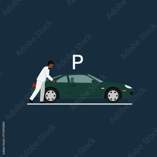 Man pushes car in parking space, depicted in a flat, illustrative style