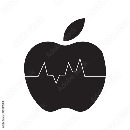Monochrome Apple Silhouette with Electrocardiogram ECG Line Health and Nutrition Concept Vector Illustration.