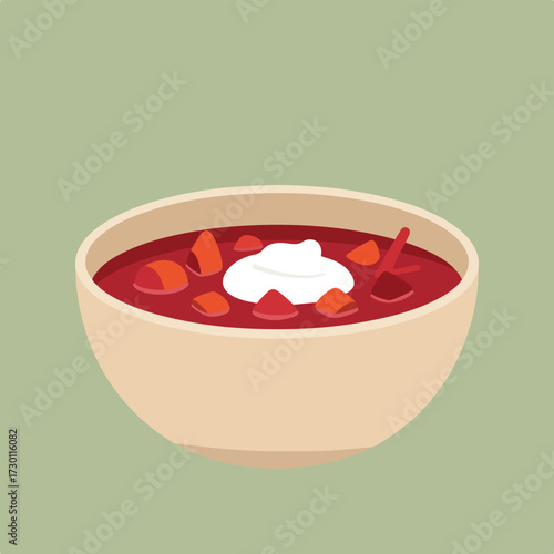 Bowl of red soup with white cream against a muted green background