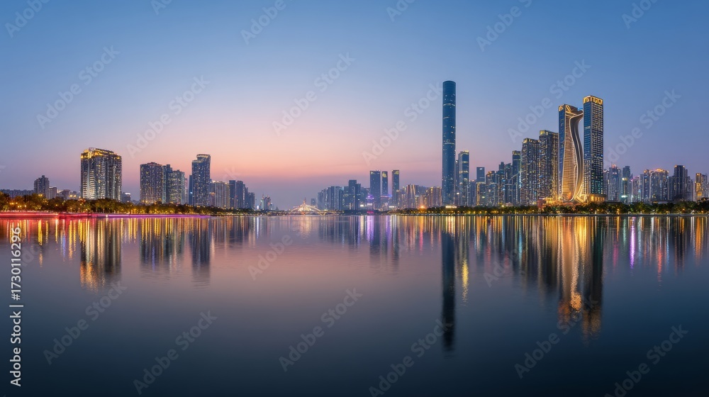 Fototapeta premium City skyline at dusk with calm water reflecting buildings