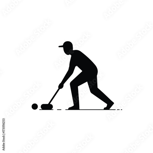 Silhouette of figure playing croquet with mallet hitting ball on a line