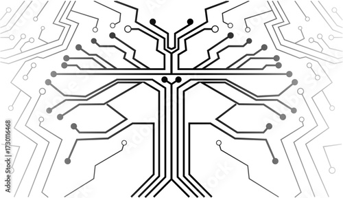 Monochrome abstract illustration of a circuit board forming a tree-like structure, representing digital connectivity and artificial intelligence.