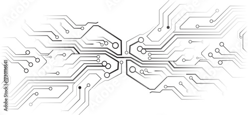 Abstract circuit board design with intricate lines and connections, creating a technological pattern.