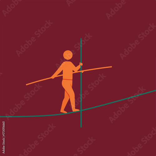 Simple illustration of tightrope walker, balancing beam, dark red background