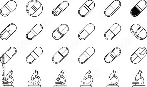 Hospital, Ambulance, DNA, Pills, Syringe, Stethoscope, Microscope, First Aid Kit, Thermometer, Report, Injection, Emergency Bell, Vaccine, Laboratory Flask, and Medical Cross Line Icons on White Backg