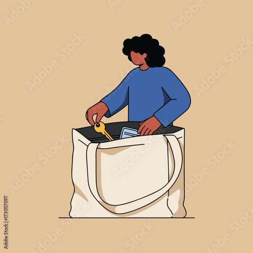 A person retrieves a key from a tote bag on a tan background