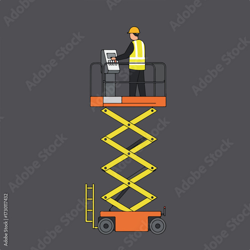 Worker on raised scissor lift, wearing safety gear, controls panel