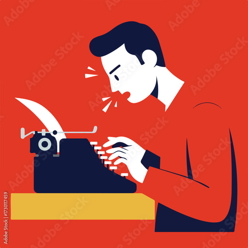 Man typing on a typewriter with vigor, against a red background