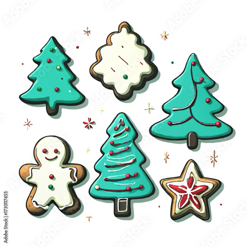 set of childrens xmas cookies, christmas tree, snowman, star, cartoon vector illustration