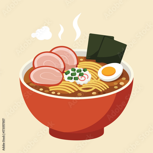 Steaming cartoon ramen bowl with toppings on a cream background