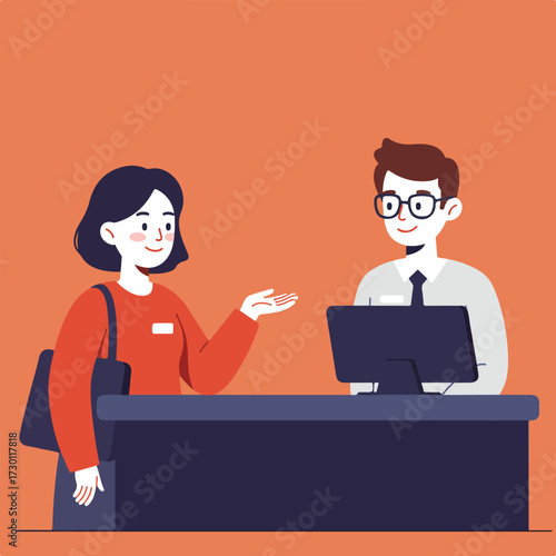 Woman talking to receptionist with computer at desk, orange background
