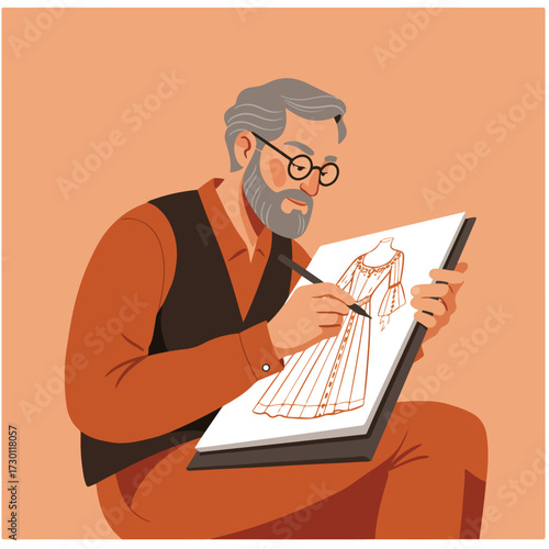 Bearded man drawing detailed dress design on a pad, wearing glasses, brown tones