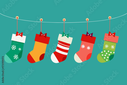Christmas Stocking Icon Set _ Hanging stockings with different festive patterns filled with gifts.