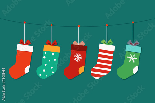 Christmas Stocking Icon Set _ Hanging stockings with different festive patterns filled with gifts.