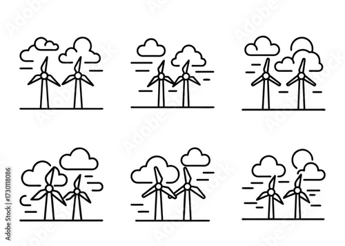 Wind Turbine Farm Icon Set Illustrating Renewable Energy and Sustainable Technology