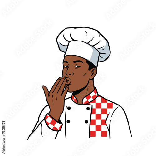 Chef with red checked coat, blowing kiss