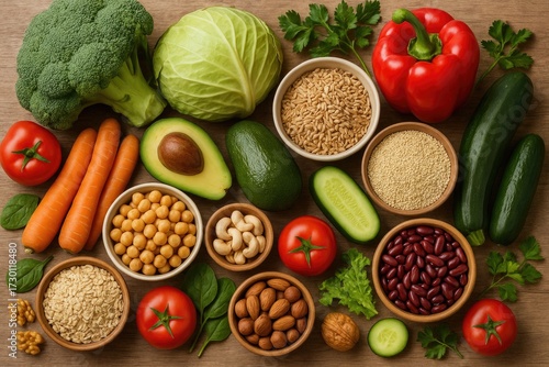 Wallpaper Mural Colorful assortment of fresh vegetables, legumes, and grains spread on wooden surface Torontodigital.ca