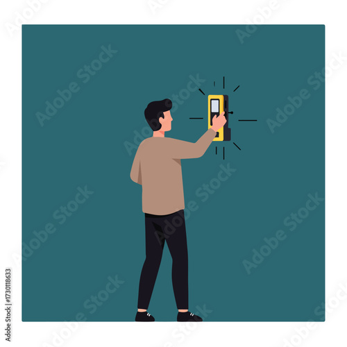 Man uses stud finder on teal wall; casual outfit, DIY home project, checking wall
