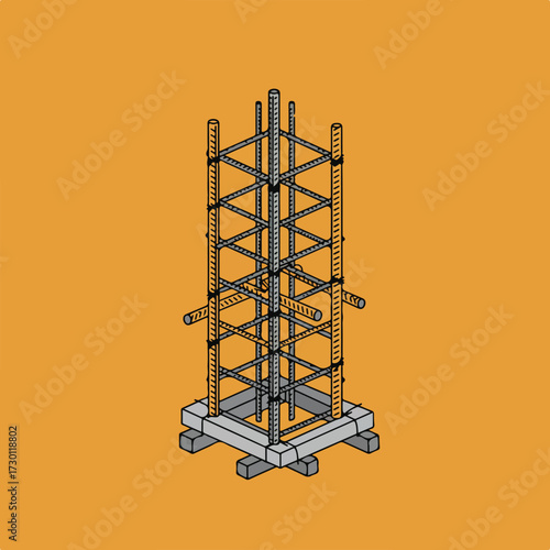 Rebar cage atop cement blocks on ochre