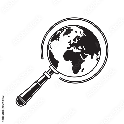 A magnifying glass focused on a globe represents a global search for business or technology on the world wide web
