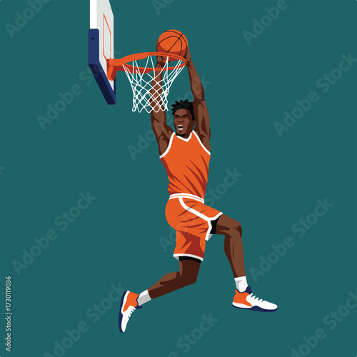 Basketball player dunks a basketball through a hoop