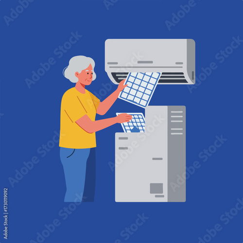 Woman cleaning air conditioning filter, yellow shirt, blue background