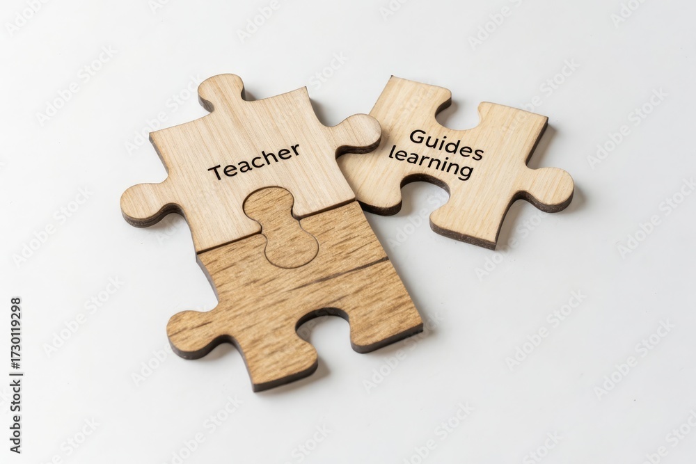Fototapeta premium Interlocking wooden puzzle pieces with Teacher and Guides learning text