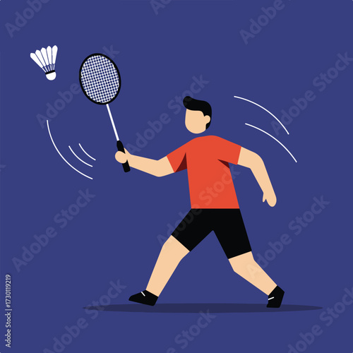 Man hitting a badminton shuttlecock with a racket, blue background