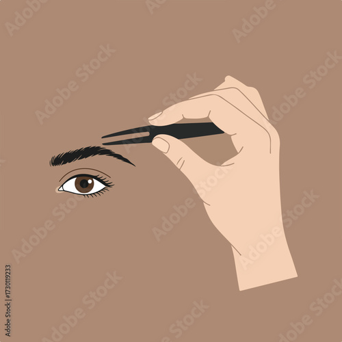 Hand using tweezers to pluck a dark eyebrow, stylized on tan background