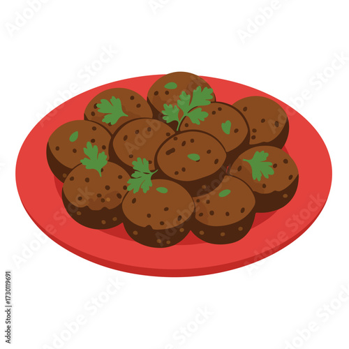 Plate of brown meatballs adorned with parsley sprigs on a red plate