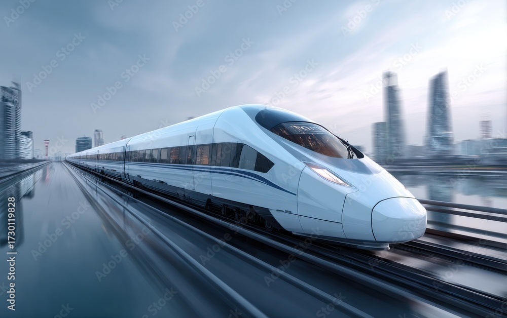 Naklejka premium A high-speed train rushes through a bustling urban landscape, showcasing its sleek design against towering buildings under a cloudy sky.