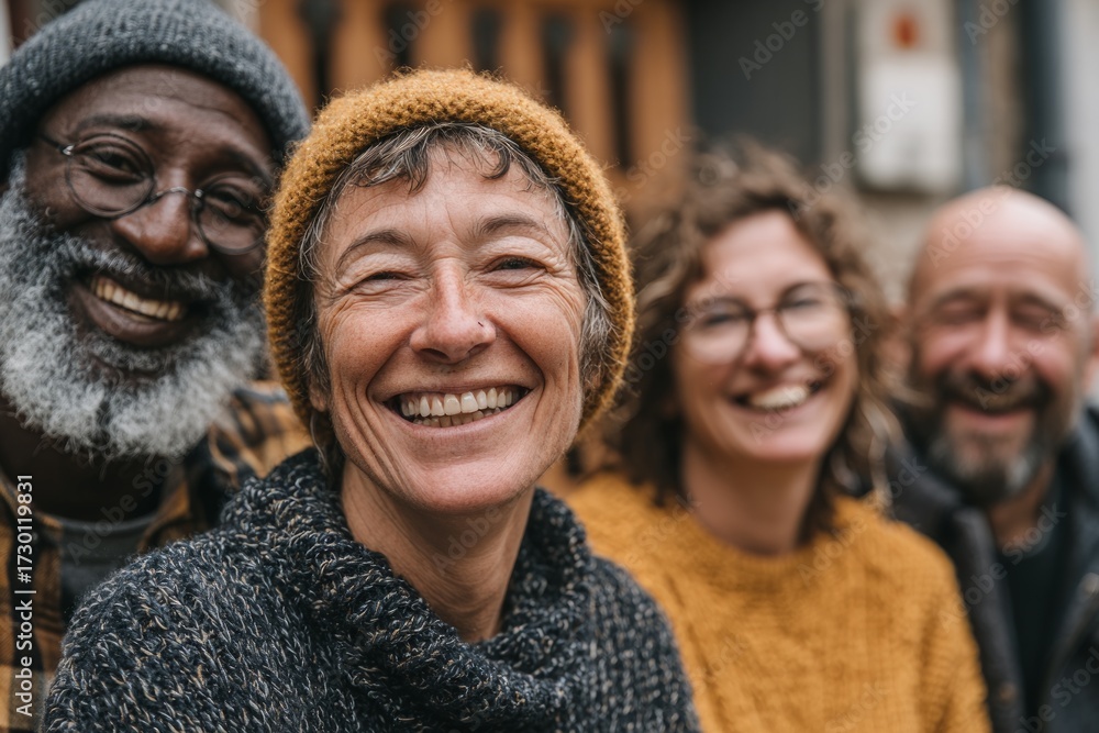 Fototapeta premium Diverse group of smiling mature friends expressing happiness and friendship