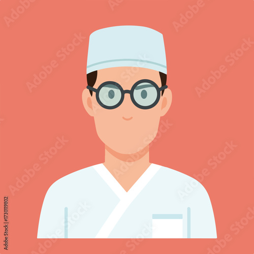 Flat illustration of a doctor in scrubs, glasses, cap on salmon background