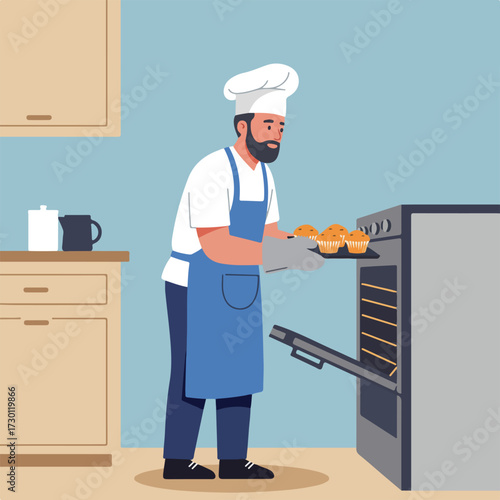 Baker pulling hot muffins from oven in light blue kitchen illustration
